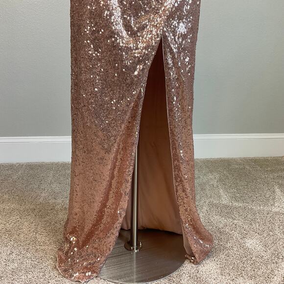 Rose Gold Sequined Backless Long Evening Gown Size 10 by AQUA Thigh Slit Formal - Picture 9 of 13
